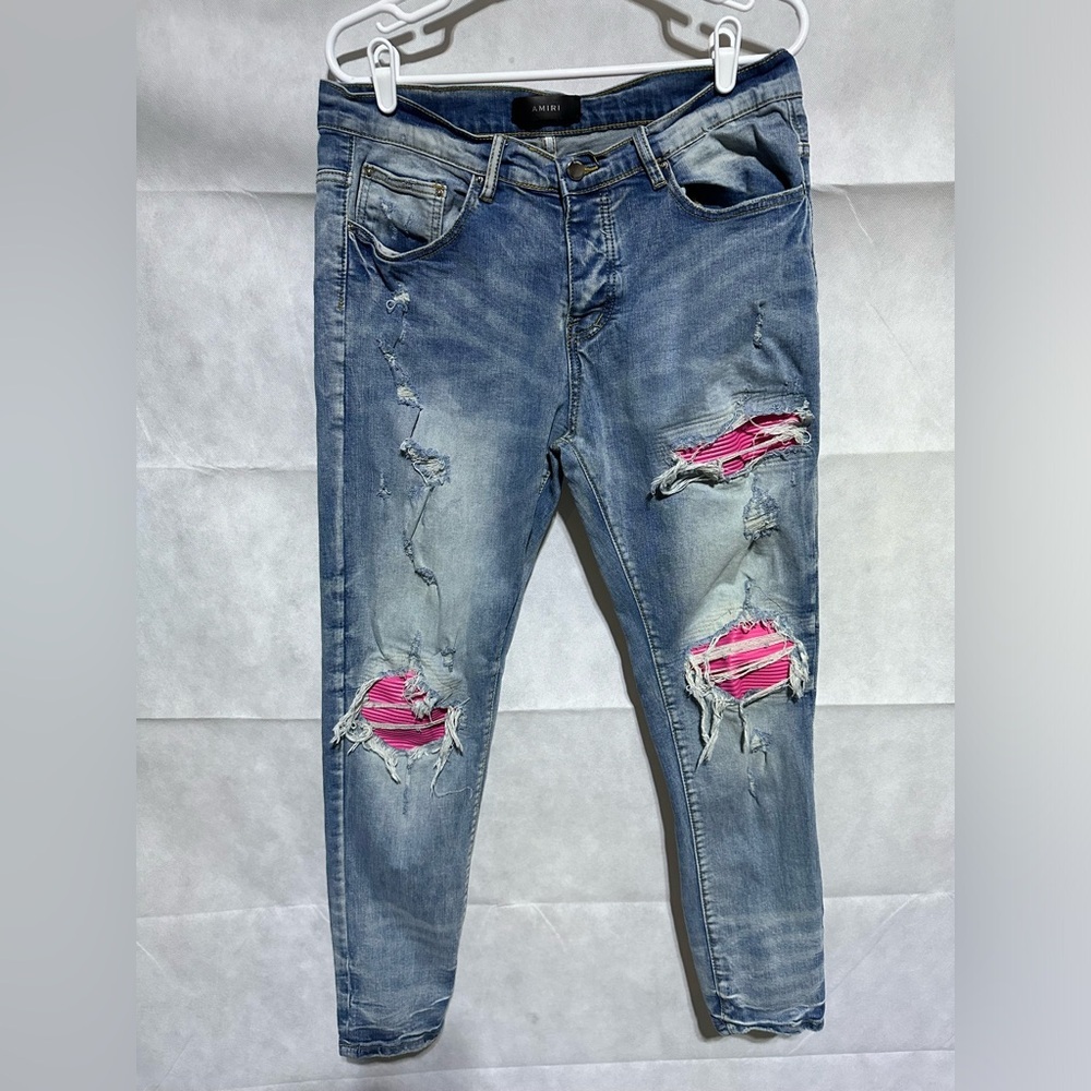 AMIRI Light Blue Skinny Jeans with Pink Patch Distress